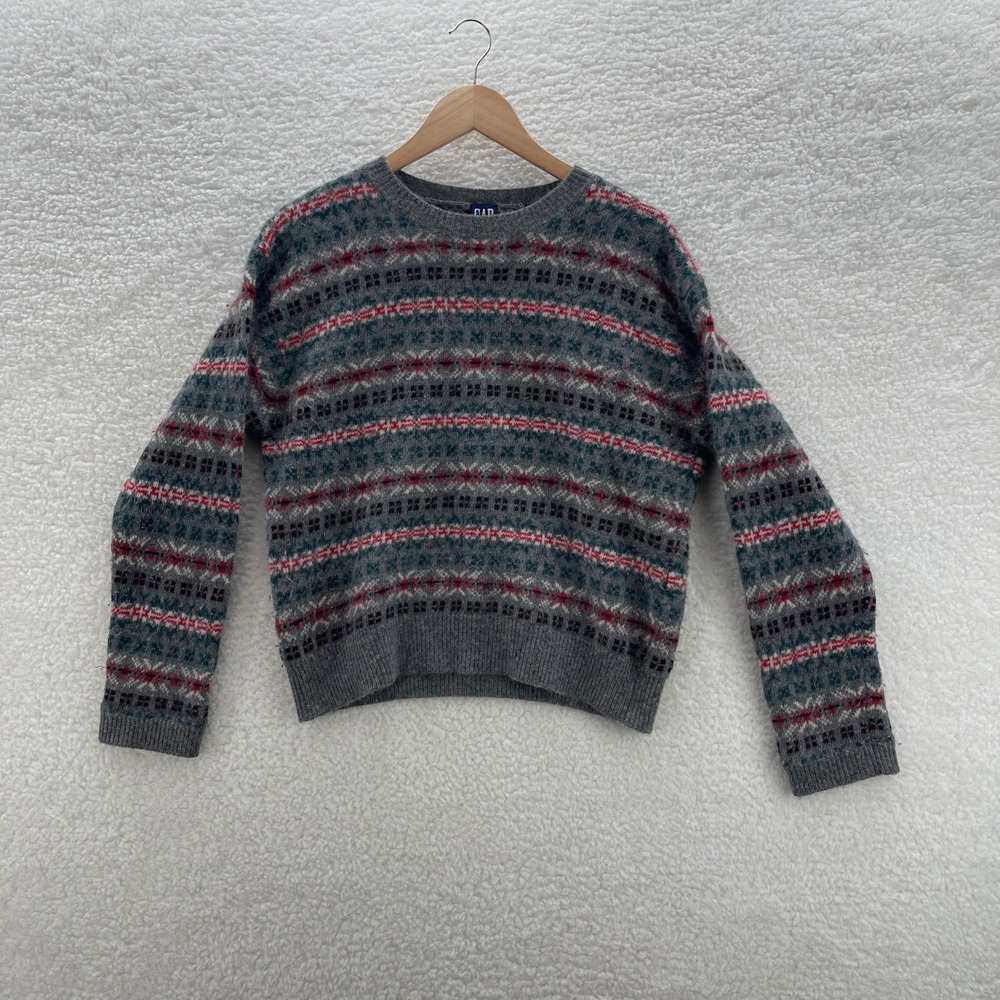 Vintage Gap Sweater Mens L Gray Red Lambswool Angora Nordic Fair Isle Outdoor